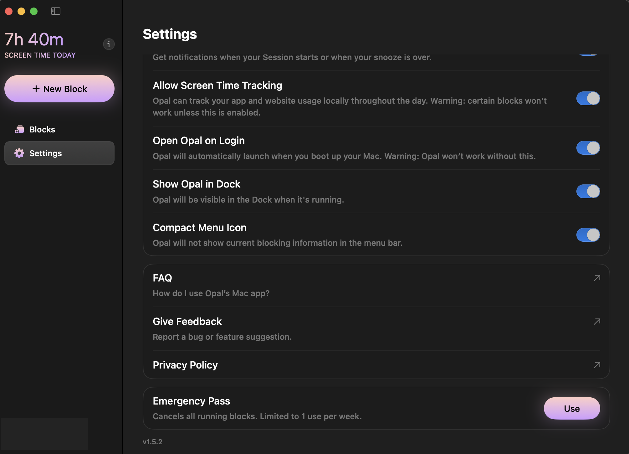 Opal Mac app Time Limit settings
